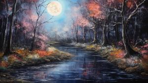 Path to a graveyard, moon reflecting on the river in the forest, oil pastel painting