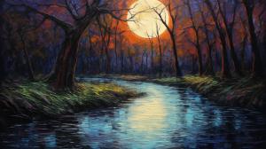 Path to a graveyard, moon reflecting on the river in the forest, oil pastel painting