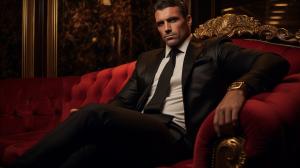 A 40 year old businessman, sitting on a red velvet couch, inside a luxurious mansion with marble floors and crystal lights and gold decorations. He is cruel, sadistic and powerful. He is wearing an expensive black suit, and black and gold tie. He is tall, with powerful muscles. His big muscles and broad shoulders bulge under his suit. Behind him there is a humongous window with a view under the sea, through the window colourful tropical fish swim under a blue ocean.