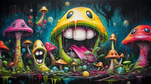 Trippy muchroom, and melting smile faces
