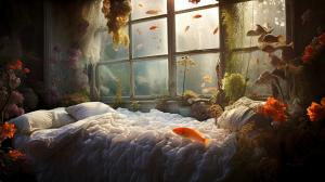 room aquarium windows fish bed sleeping cat coral