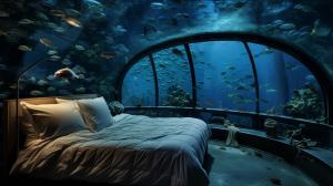 bedroom under water, watching fishes through windows, under ocean