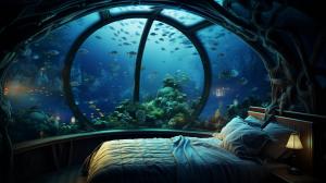 bedroom under water, watching fishes through windows, under ocean