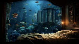 bedroom under water, watching fishes through windows, under ocean