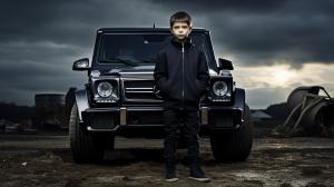 a boy standing with a g class



