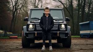 a boy standing with a g class



