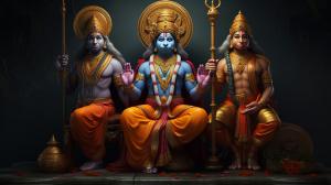 lord Rama with lord hanuman and maa Sita together...show lord hanuman on his knees and respecting lord rama with hands folded out of devotion and show maa sita offering blessings to lord hanuman