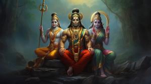 lord Rama with lord hanuman and maa Sita together...show lord hanuman on his knees and respecting lord rama with hands folded out of devotion and show maa sita offering blessings to lord hanuman