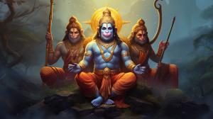 lord Rama with lord hanuman and maa Sita together...show lord hanuman on his knees and respecting lord rama with hands folded out of devotion and show maa sita offering blessings to lord hanuman