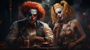 Harley quinn and pennywise the clown smoking and drinking in a club
