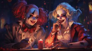 Harley quinn and pennywise the clown smoking and drinking in a club
