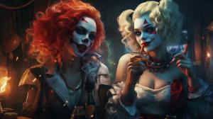 Harley quinn and pennywise the clown smoking and drinking in a club
