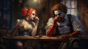 Harley quinn and pennywise the clown smoking and drinking in a club
