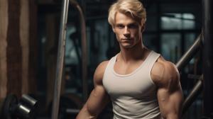 Handsome toned guy training in the gym. Blonde hair and without shirt. 