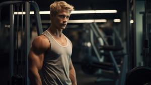 Handsome toned guy training in the gym. Blonde hair and without shirt. 