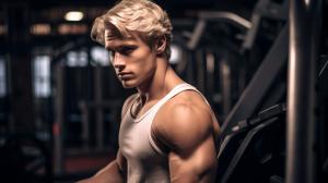 Handsome toned guy training in the gym. Blonde hair and without shirt. 