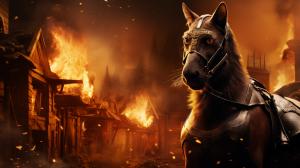 Evil fire cat tries attacking a village only to be stopped by a horse riding gold armoured man with a hologram shield
