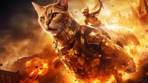 Evil fire cat tries attacking a village only to be stopped by a horse riding gold armoured man with a hologram shield
