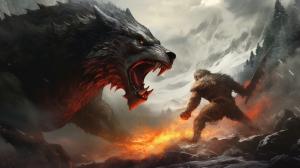 A brutal and  fight between a giant wolf an a dragon