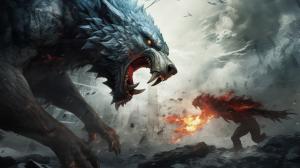 A brutal and  fight between a giant wolf an a dragon