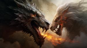 A brutal and  fight between a giant wolf an a dragon