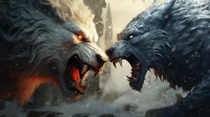 A brutal and  fight between a giant wolf an a dragon