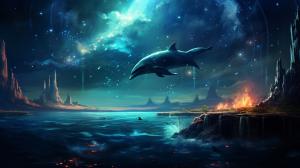 L espace avec une mer et des dauphins dedans . On voit des planetes et des constellations
