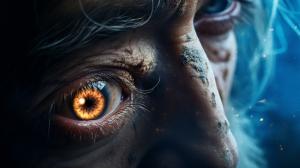 Wizard , ancient , Rough , cinematic , shinning eye, smoke , blue light in eye