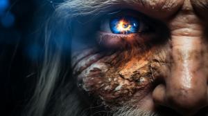 Wizard , ancient , Rough , cinematic , shinning eye, smoke , blue light in eye