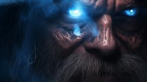 Wizard , ancient , Rough , cinematic , shinning eye, smoke , blue light in eye