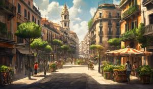 madrid postapocalíptico la ciudad esta llena de vegetación, a lo lejos se puede ver la sombra de luffy y su tripulación 