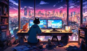 habitación japonesa moderna con un joven jugando al computador con un gato acostado con la ciudad de tokio de fondo 