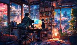 habitación japonesa moderna con un joven jugando al computador con un gato acostado con la ciudad de tokio de fondo 