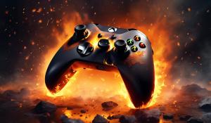 Xbox. Controller on fire with ashes falling