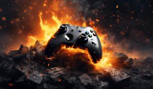 Xbox. Controller on fire with ashes falling