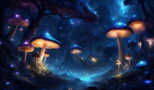 dark night, glowing mushrooms, fantasy