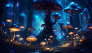 dark night, glowing mushrooms, fantasy