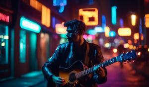 guy playing guitar in street at night. neon lights