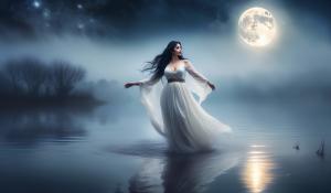 Attractive curvy witch with flowing black hair and fair skin in a long white traditional dress dances in a foggy lake under the full moon