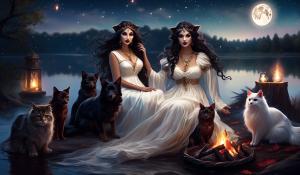 Attractive curvy witch with long flowing black curls and pigtails, wine red full lips, big brown eyes, tight flowing white traditional dress, lots of jewelry dancing by the campfire under the full moon on the lake shore. Owl, black cat, dachshund and wolf are watching