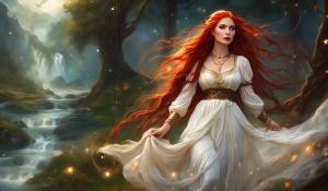 Attractive curvy female shepherdess with very long braided red hair, full red lips, a short dirndl and lot of jewelry meets the mystical female elf in long white dress with a large neckline on the heath.