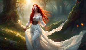 Attractive curvy female shepherdess with very long braided red hair, full red lips, a short dirndl and lot of jewelry meets the mystical female elf in long white dress with a large neckline on the heath.