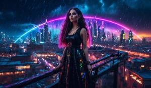 Young curvy modern witch in a black brocade dress, with lots of magic jewelry, very long flowing hair stands on the roof of a factory and crys out for magic. Futuristic city, thunderstorm and a rainbow in the dark as the background