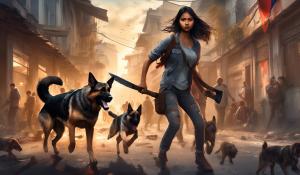 Beautiful Filipino girl yielding a hatchet fighting zombies in the city with her German Shepard dog