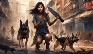 Beautiful Filipino girl yielding a hatchet fighting zombies in the city with her German Shepard dog