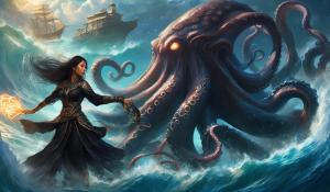 Beautiful Filipino woman mage  wearing black armor fighting giant octopus at sea