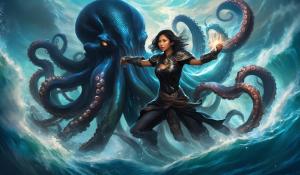 Beautiful Filipino woman mage  wearing black armor fighting giant octopus at sea