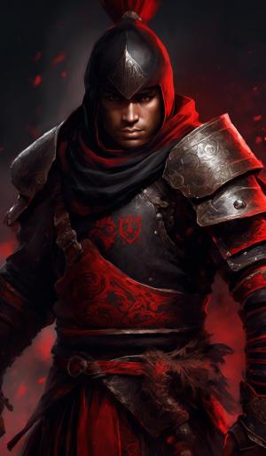 Warrior in half body from Black Desert game in Black Red colours and name on it Marchello