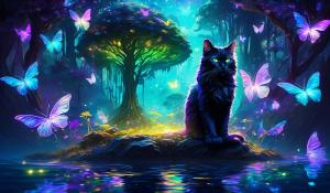 a floating island with an iridescent forest sits a  black cat with purple and teal tiger striped fur and yellowish green eyes watching neon butterflies