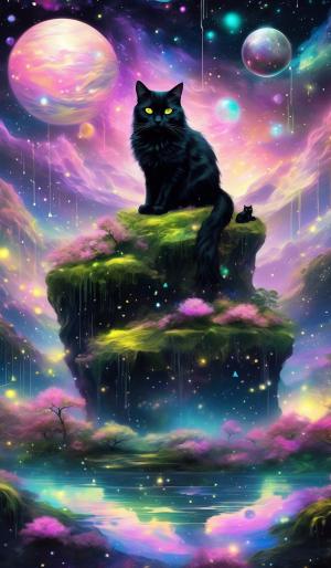 3 Floating Islands With iridescent rain forest sits a medium Black cat with greenish yellow eyes and pink and greyish silver swirled pattern fur looking out into the fantasy galaxy sky with 3 iridescence moons, and sparkling stars 